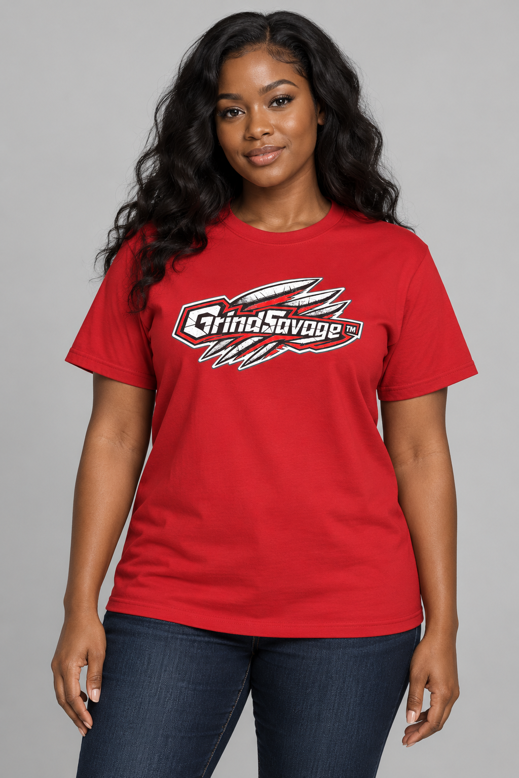 AI-generated model mockup showing a woman wearing the red GrindSavage Classic T-shirt