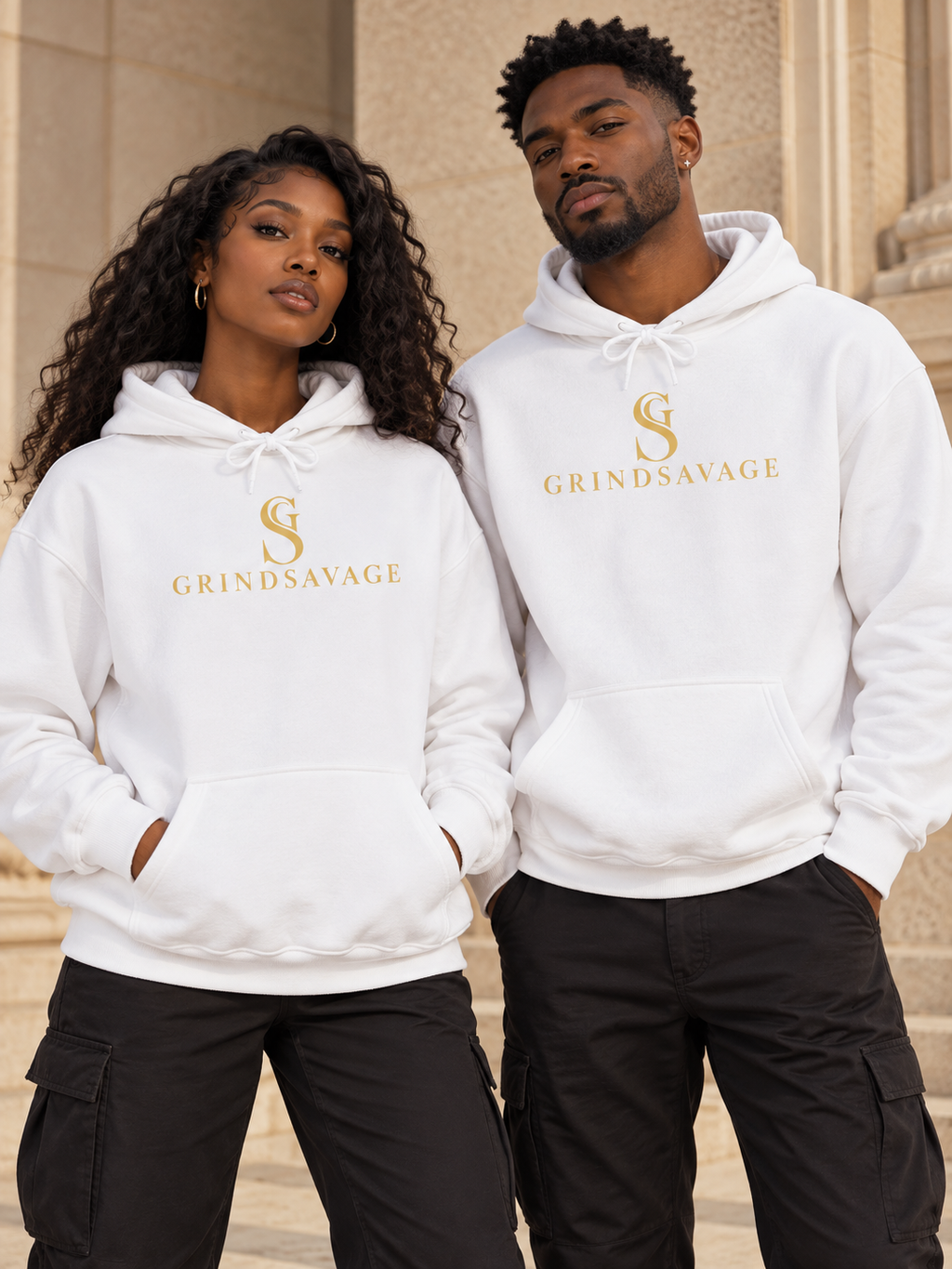 AI-generated male and female model mockup wearing the white GrindSavage gold emblem hoodie