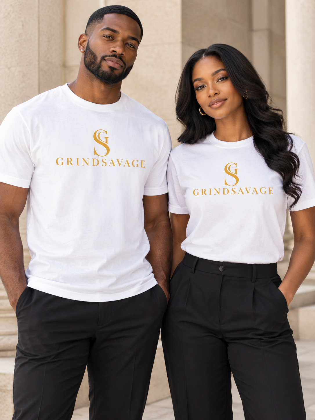 AI-generated male and female model mockup wearing the white GrindSavage gold emblem T-shirt