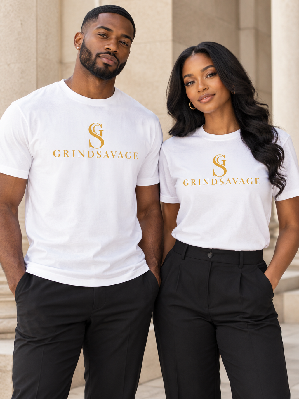 AI-generated male and female model mockup wearing the white GrindSavage gold emblem T-shirt