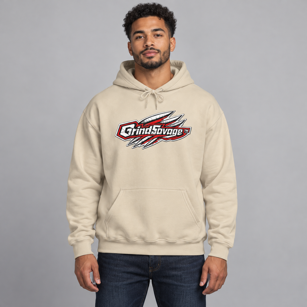AI-generated model mockup of the GrindSavage Graphic Hoodie in Sand
