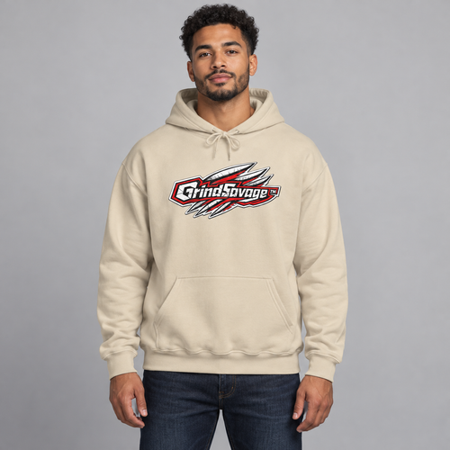 AI-generated model mockup of the GrindSavage Graphic Hoodie in Sand