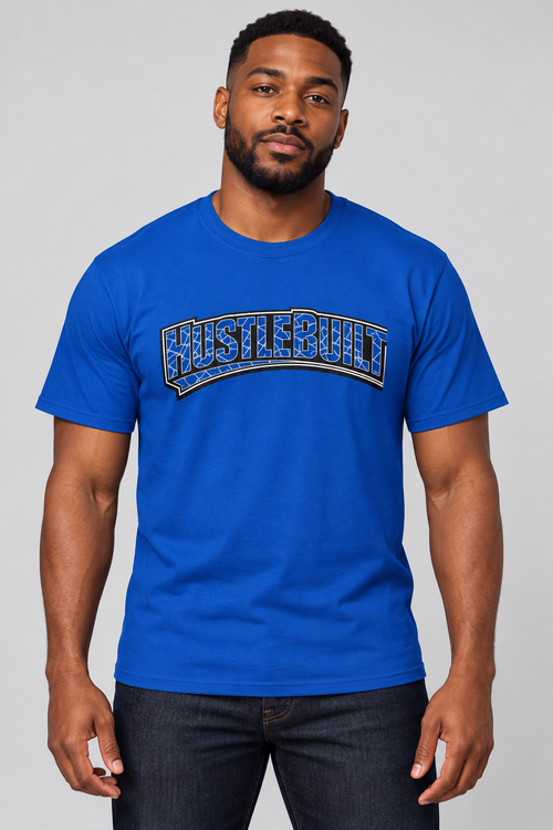 AI-generated model mockup showing the royal blue GrindSavage Hustle Built T-shirt