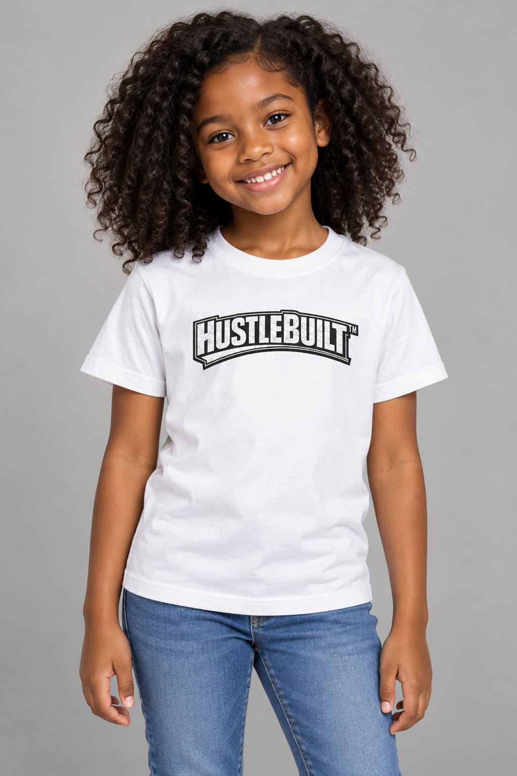AI-generated model mockup showing the white GrindSavage Kids’ Hustle Built T-shirt