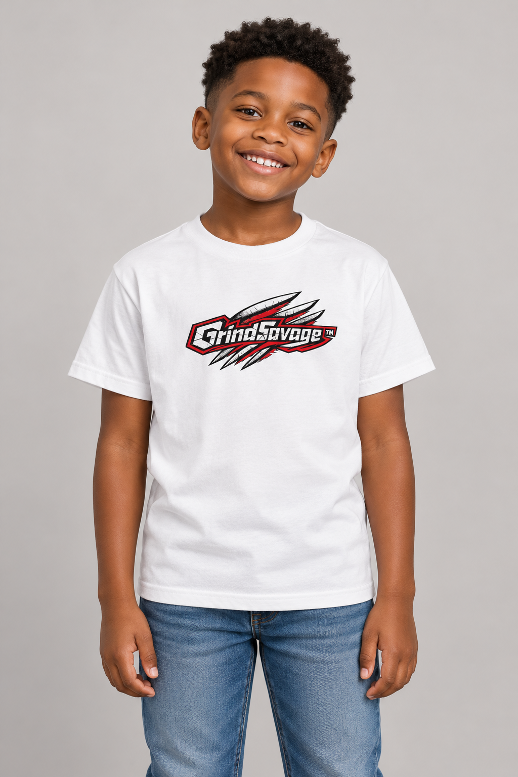 AI-generated model mockup showing the white GrindSavage kids signature logo T-shirt