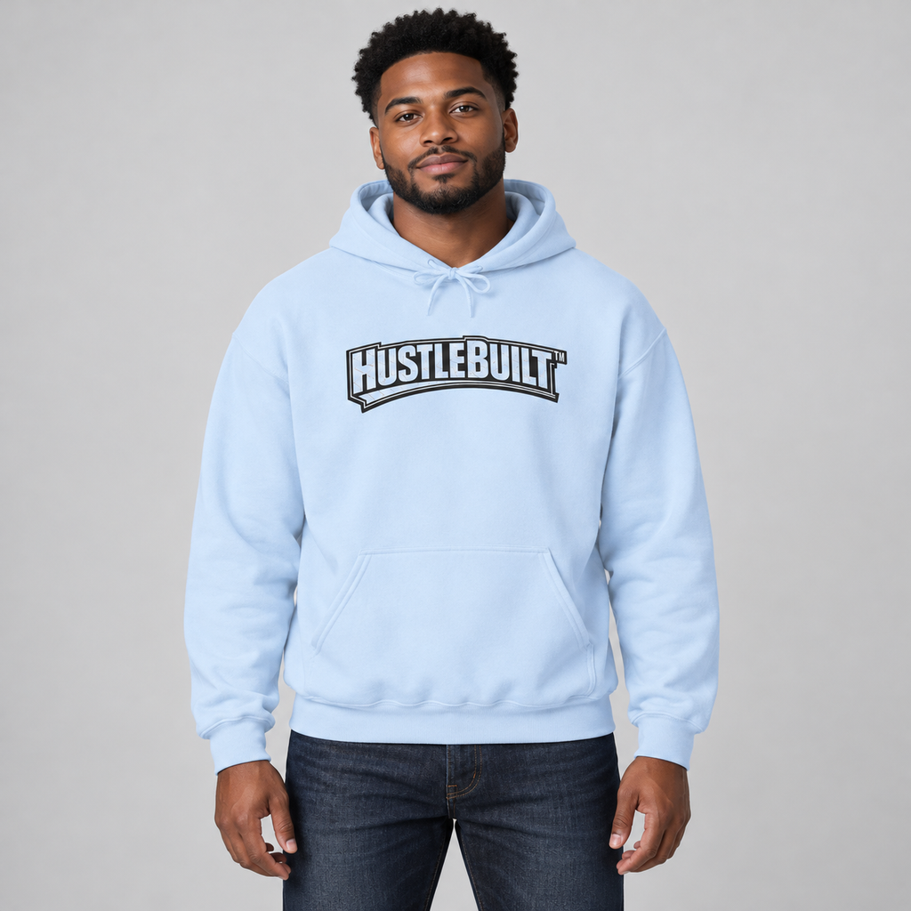 AI-generated model mockup of the GrindSavage Men’s Hustle Built Hoodie in Light Blue