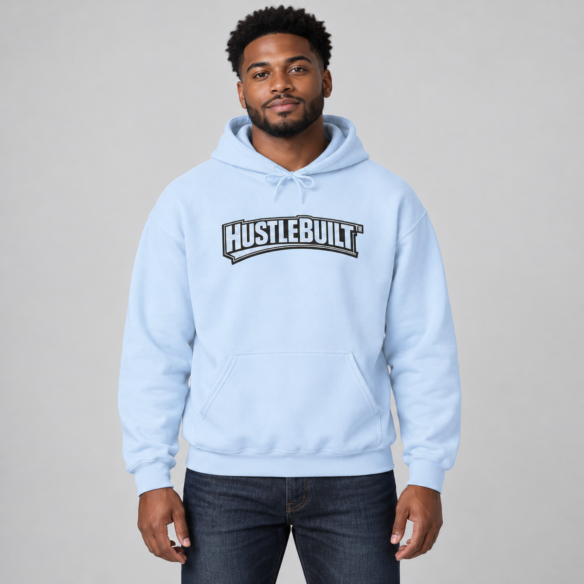 AI-generated model mockup of the GrindSavage Men’s Hustle Built Hoodie in Light Blue