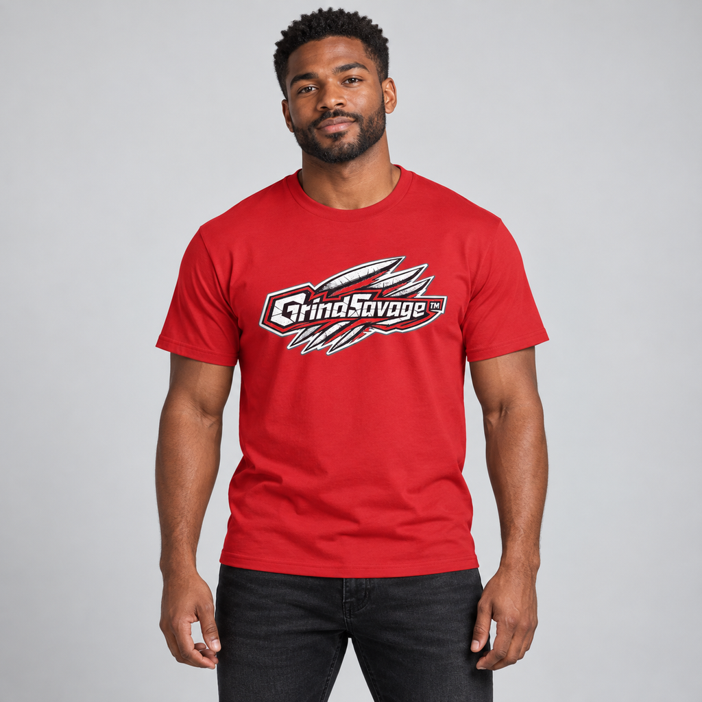 AI-generated male model mockup wearing the red GrindSavage Men’s Signature Logo T-Shirt