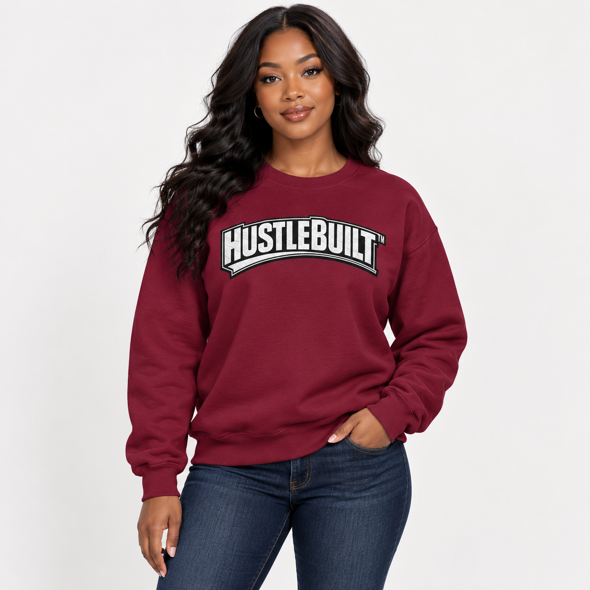 AI-generated model mockup of GrindSavage Hustle Built Crewneck Sweatshirt