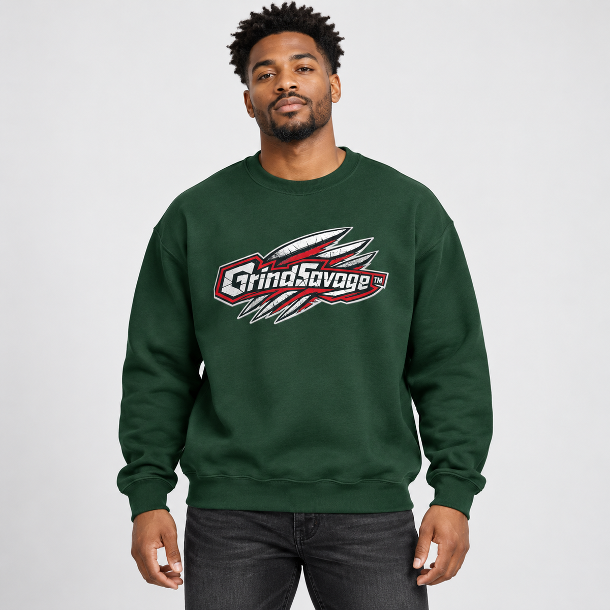 AI-generated model mockup of GrindSavage Graphic Crewneck Sweatshirt
