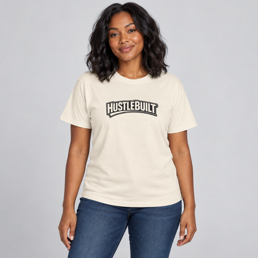 AI-generated female model mockup wearing the Natural GrindSavage Women’s Hustle Built T-Shirt